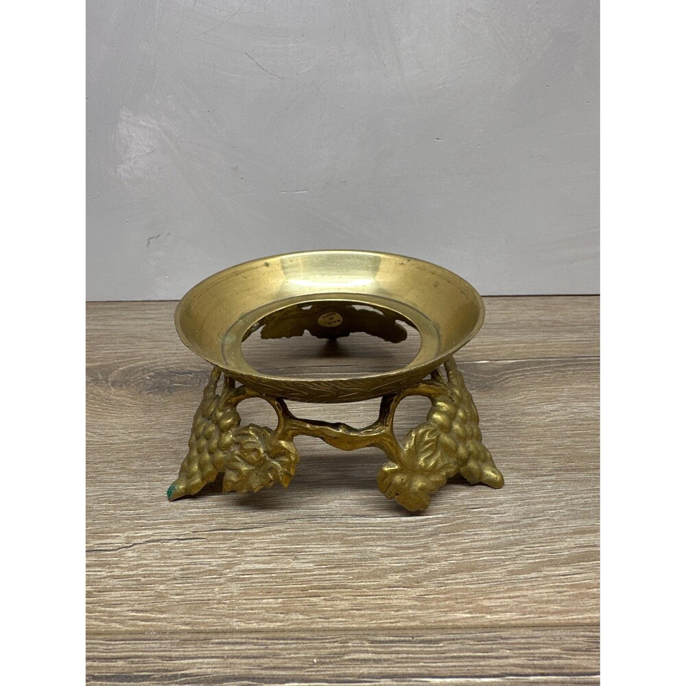 Vintage Solid Brass Footed Bowl Stand Riser Grape Cluster Leaf Motif 5 Inch